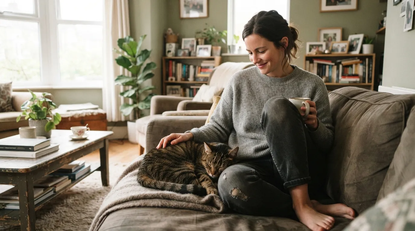 A person sitting at home with their dog on the couch