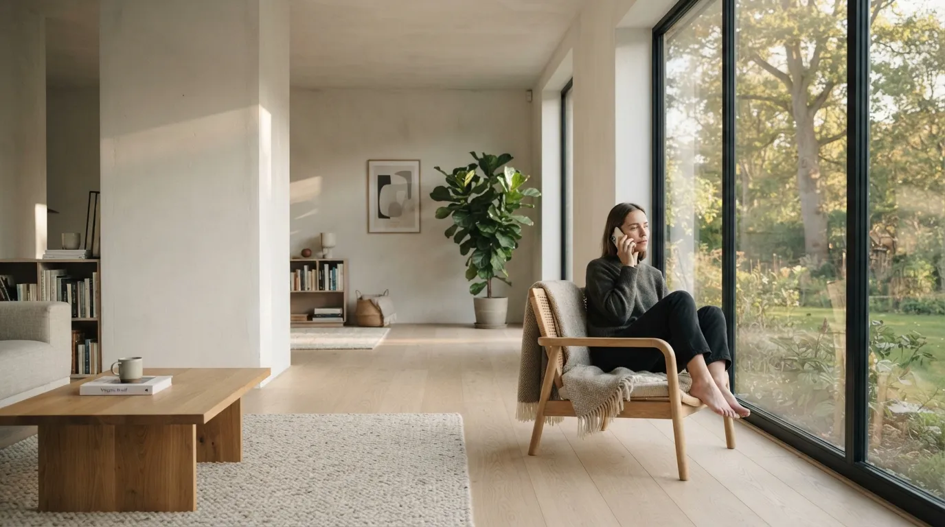 A person calmly on the phone at home