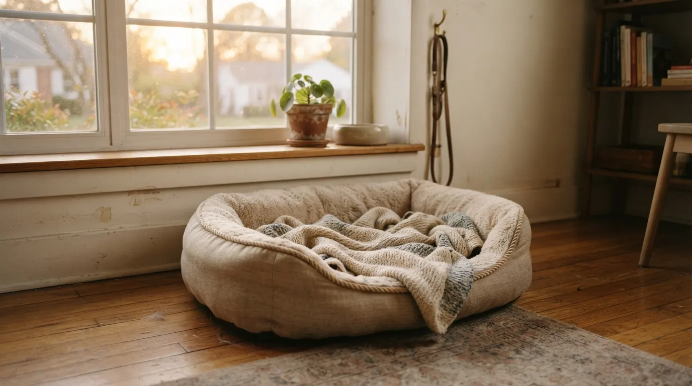 An empty dog bed and leash by the door