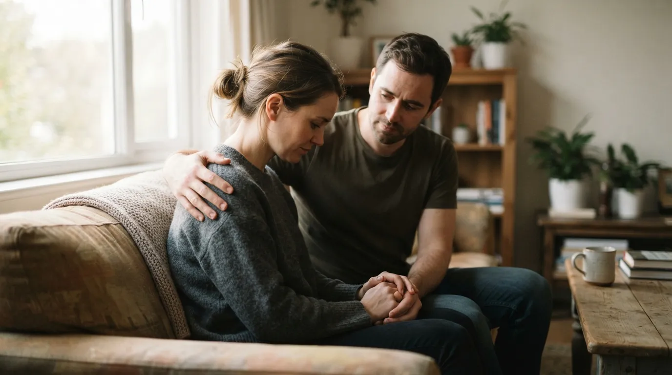 Two people comforting each other